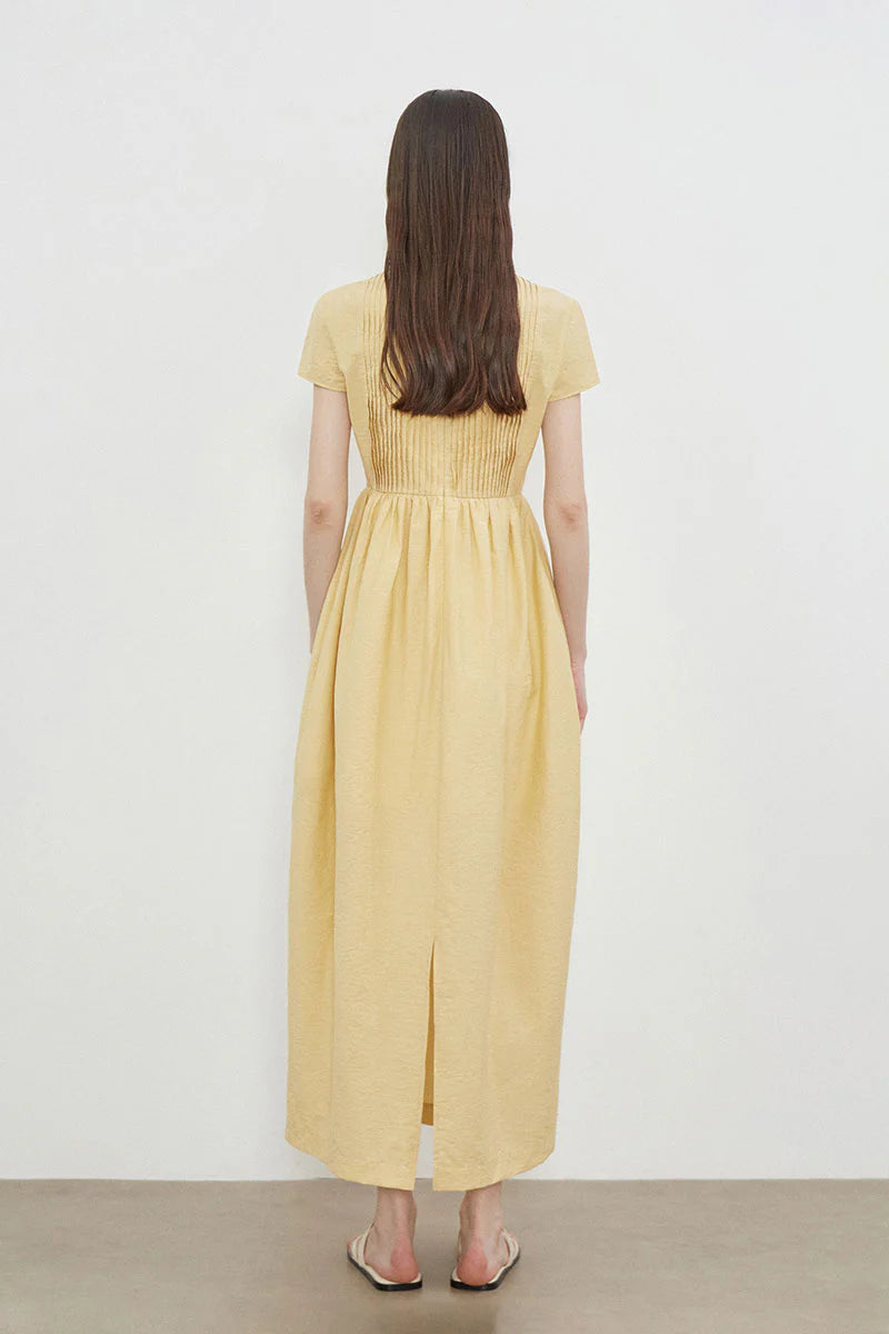 Yellow Long-Staple Cotton Midi Dress with Front Pleat