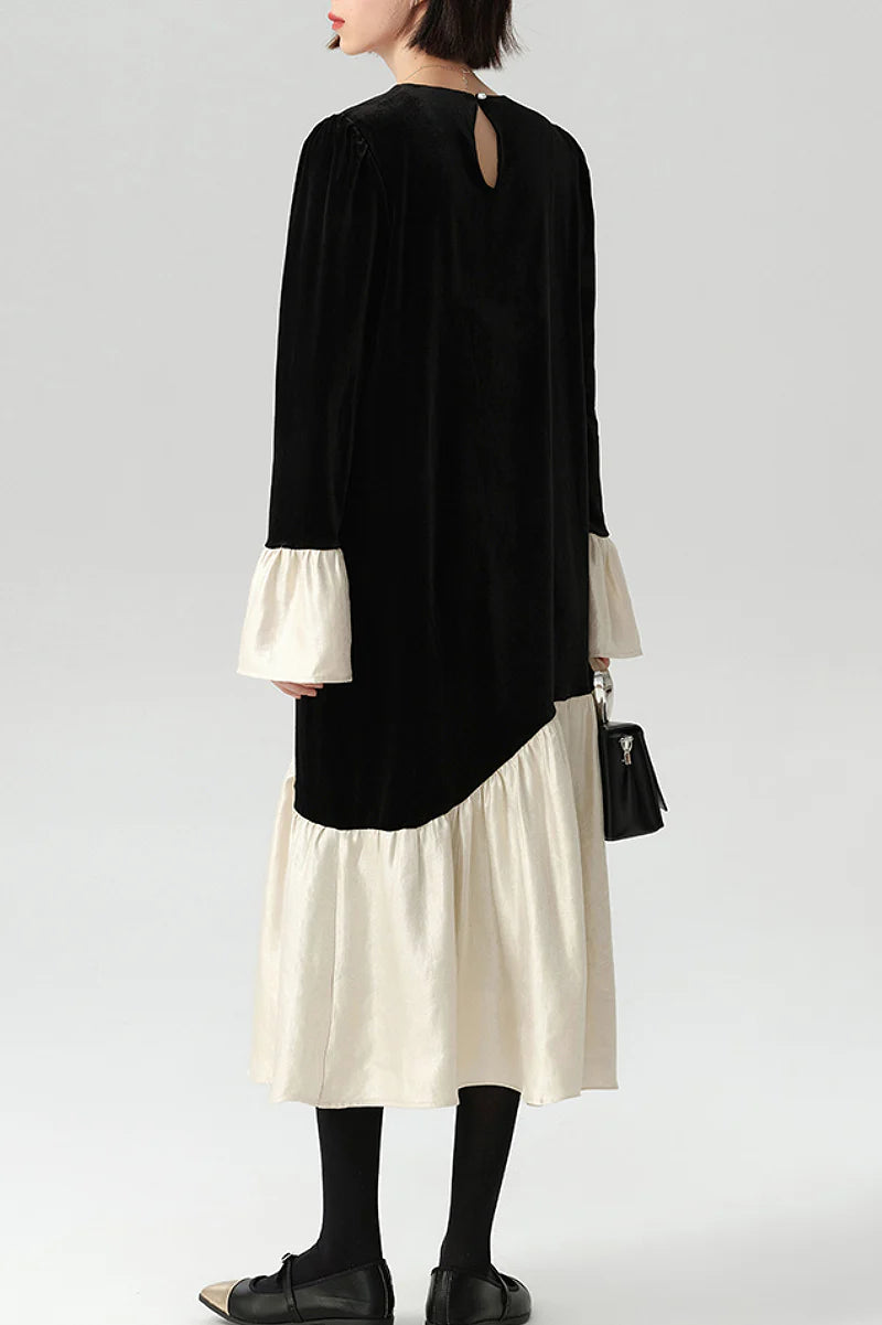 Asymmetric Patchwork Long-Sleeve Velvet Dress