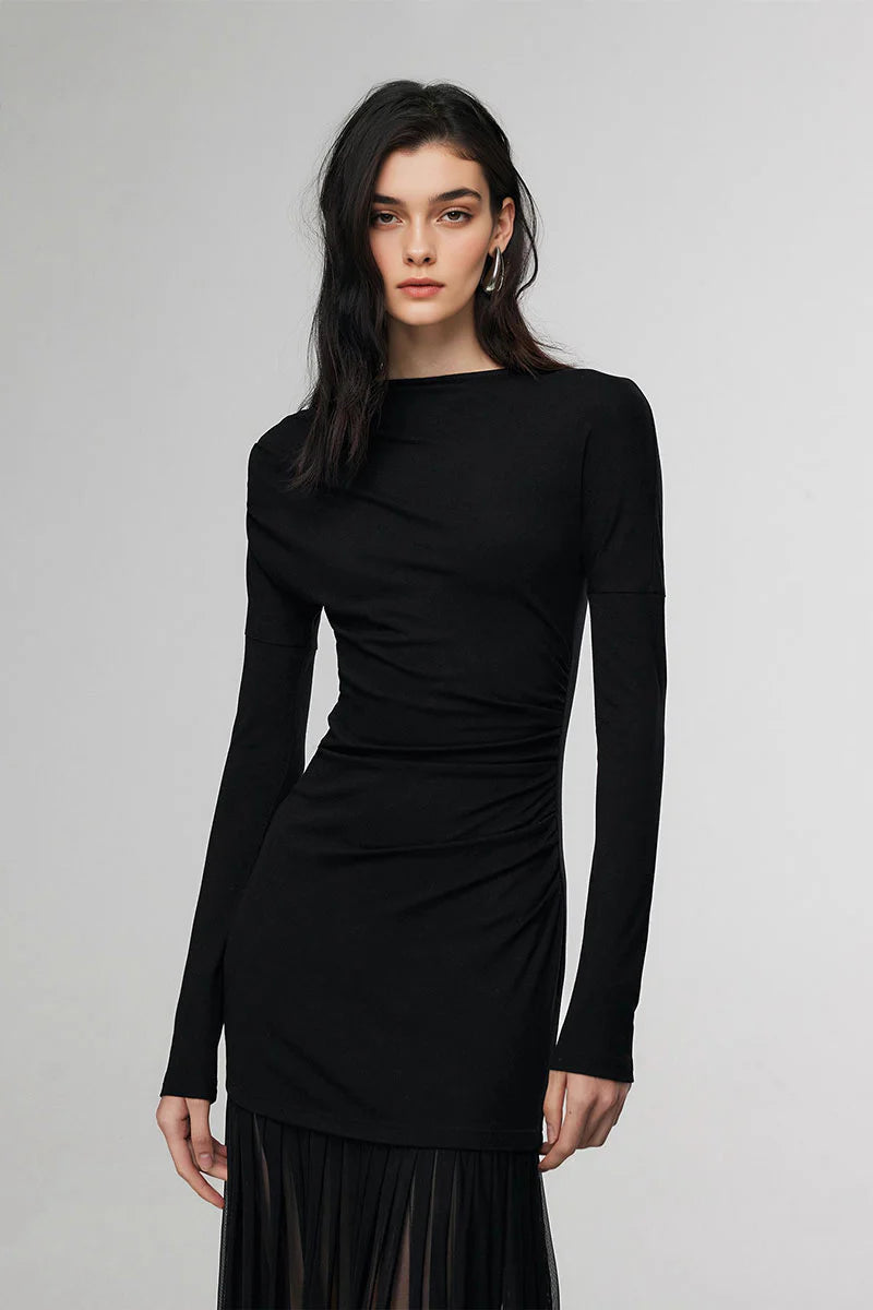 Asymmetric Draped Mesh Maxi Dress with Sleeves