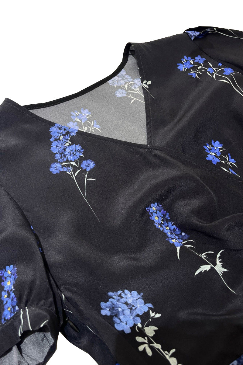 100 Mulberry Silk Floral Puff-Sleeve V-Neck Wrap Midi Dress