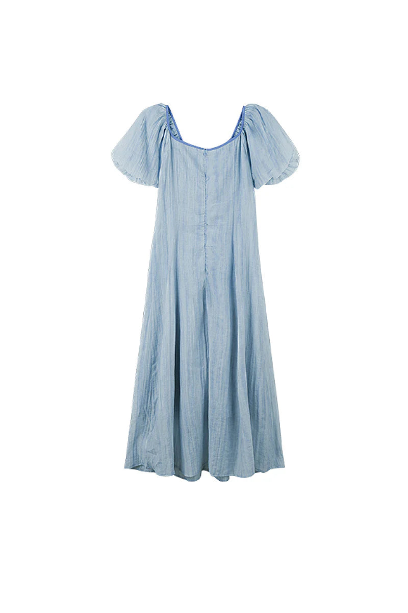 Baby Blue Lyocell V-Neck Puff-Sleeve Midi Dress