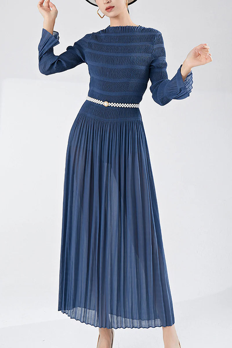 Designer Inspired Pleated Long Sleeve Smocked Maxi Dress in Slate Blue
