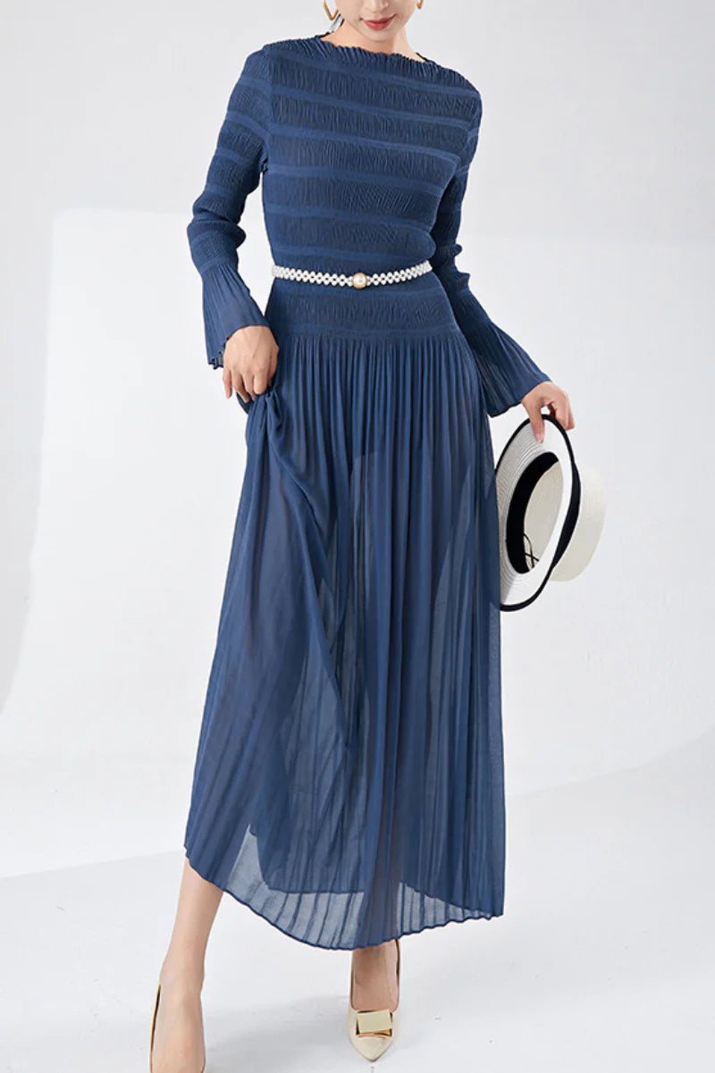 Designer Inspired Pleated Long Sleeve Smocked Maxi Dress in Slate Blue