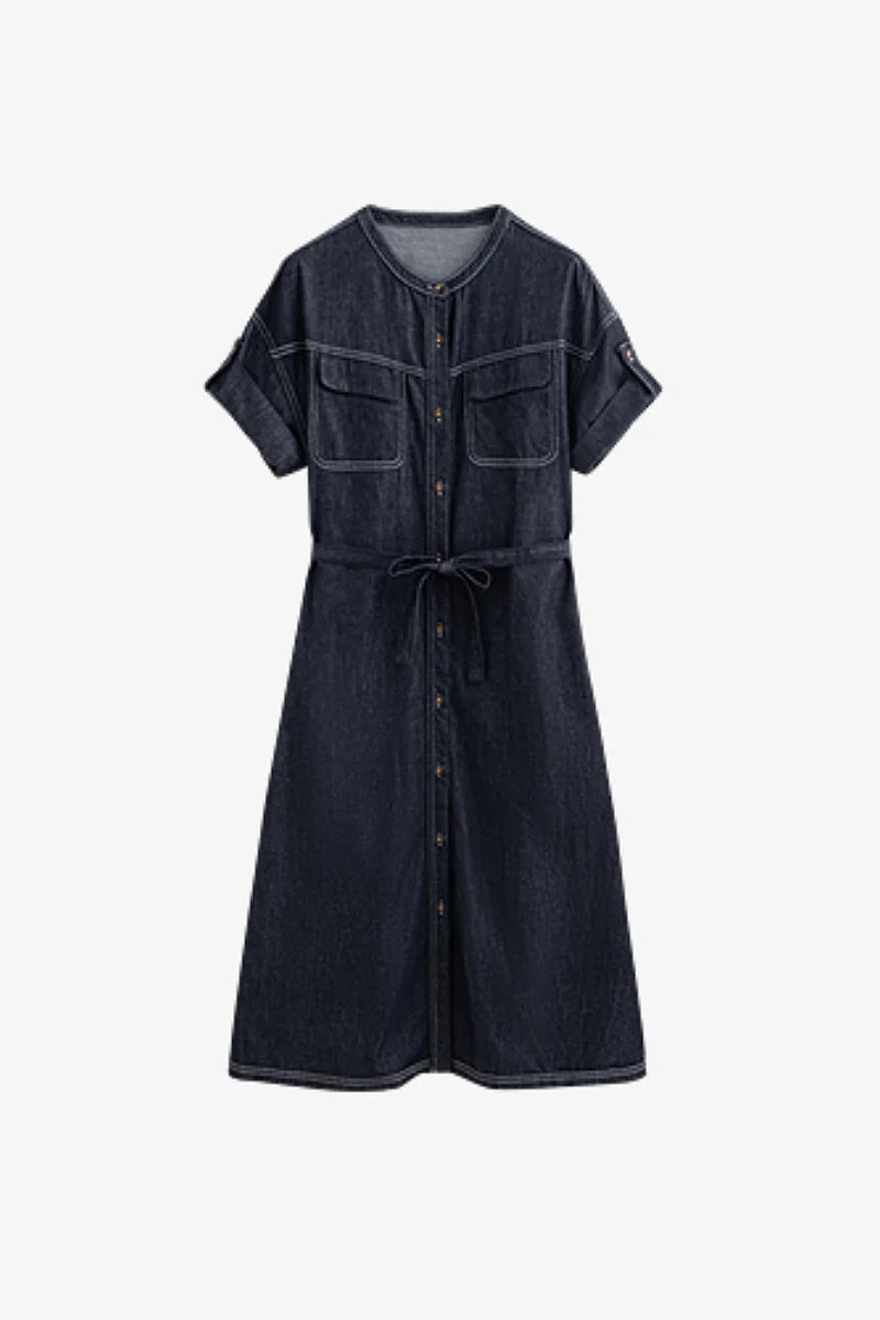 Denim Short-Sleeve Button-Up Belted Midi Shirt Dress with Back Slit