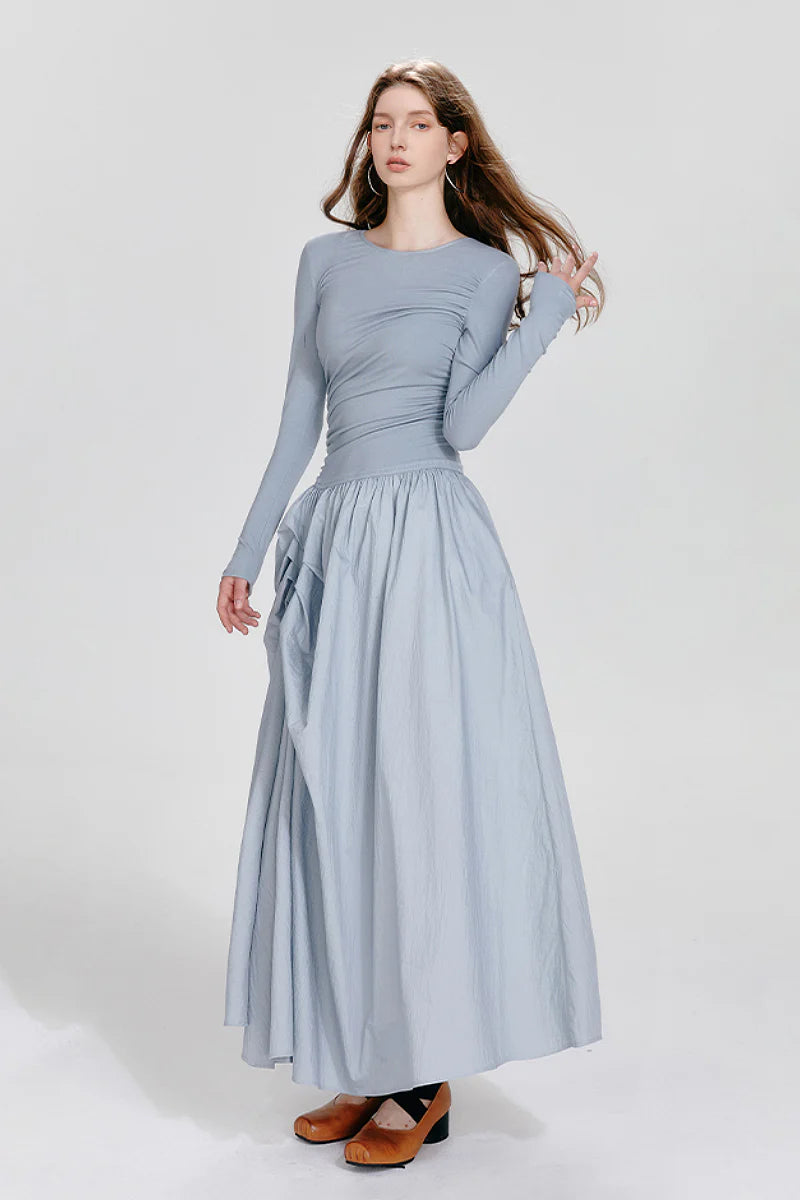 Blue Long-Sleeve Ruched Fit & Flare Maxi Dress