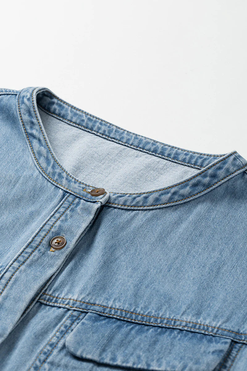 Denim Short-Sleeve Button-Up Belted Midi Shirt Dress with Back Slit