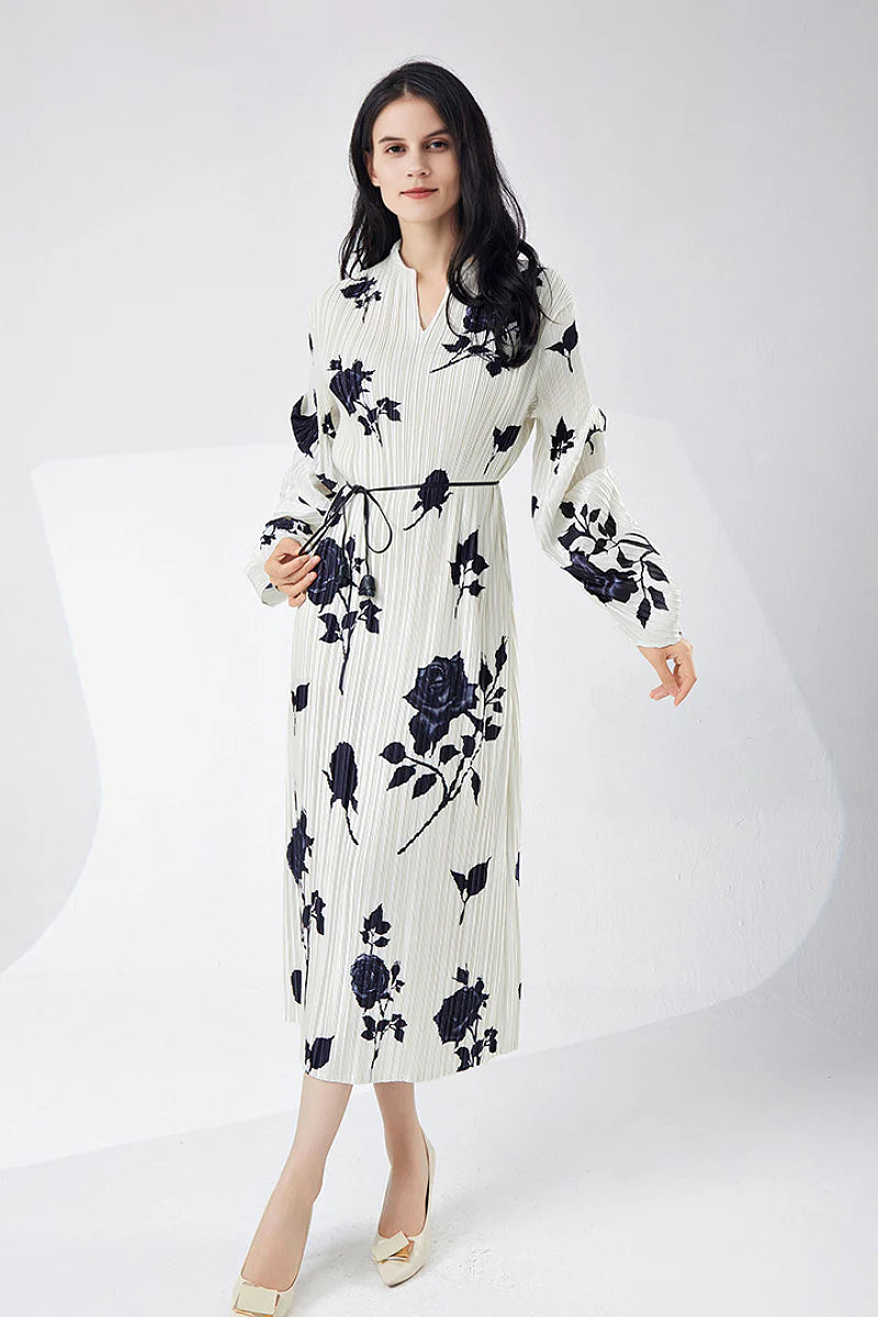 Designer Inspired Pleated Floral Long-Sleeve Midi Dress